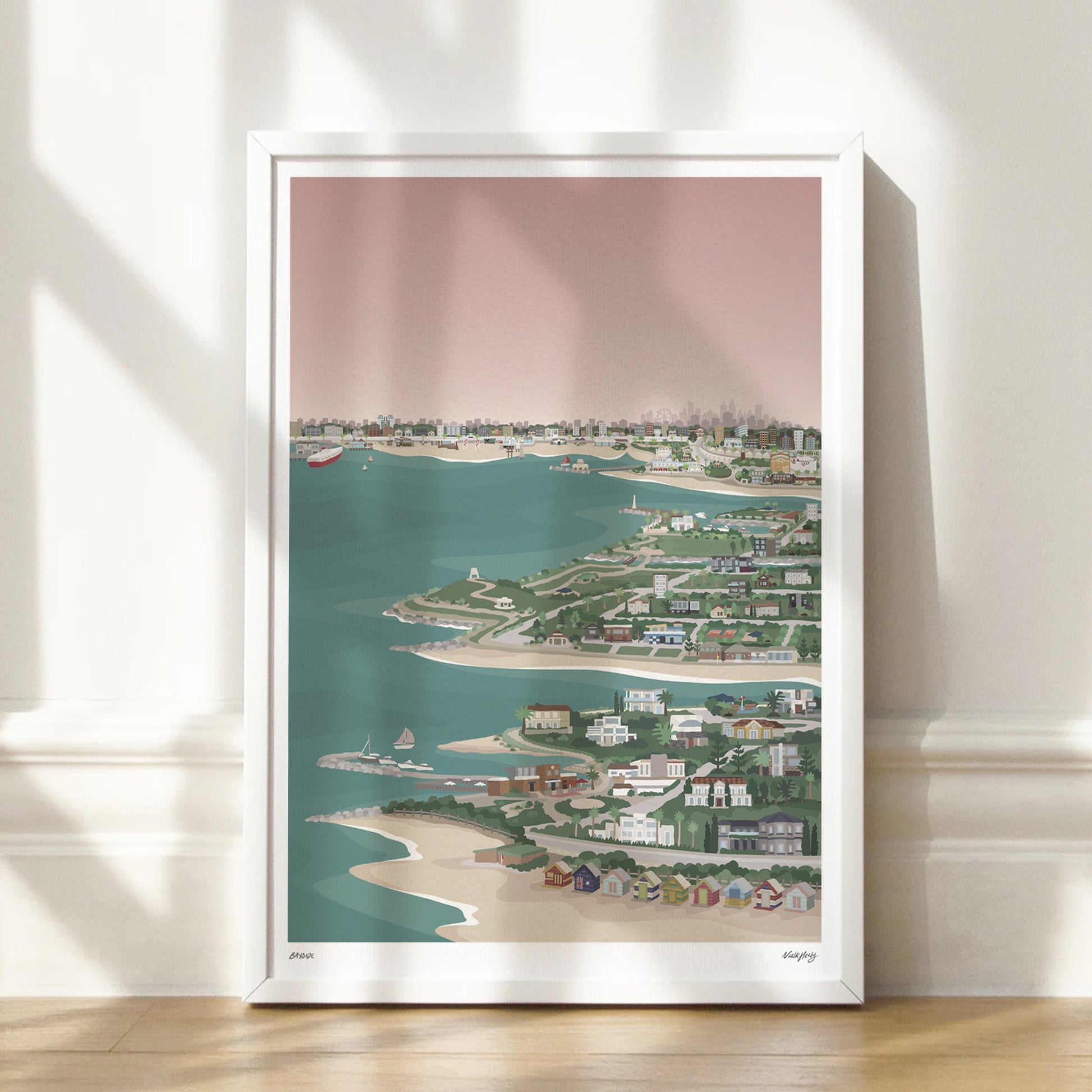 white framed colourful art print of bayside Melbourne from Princes pier to Brighton bathing boxes 
