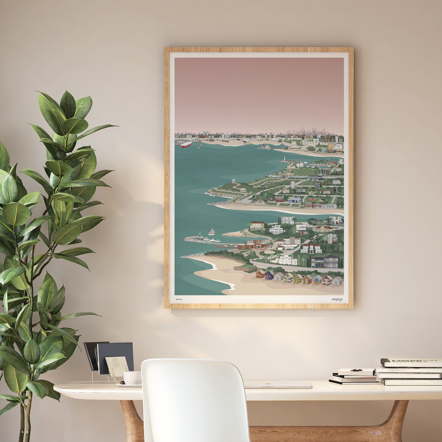 Large framed colourful art print of bayside Melbourne from Princes pier to Brighton bathing boxes hanging on a wall over a desk