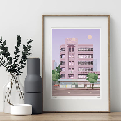 wood framed print of colourful illustration of Mitchell House Melbourne city streetscape