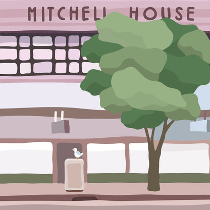 Colourful illustration of Mitchell House Melbourne city streetscape