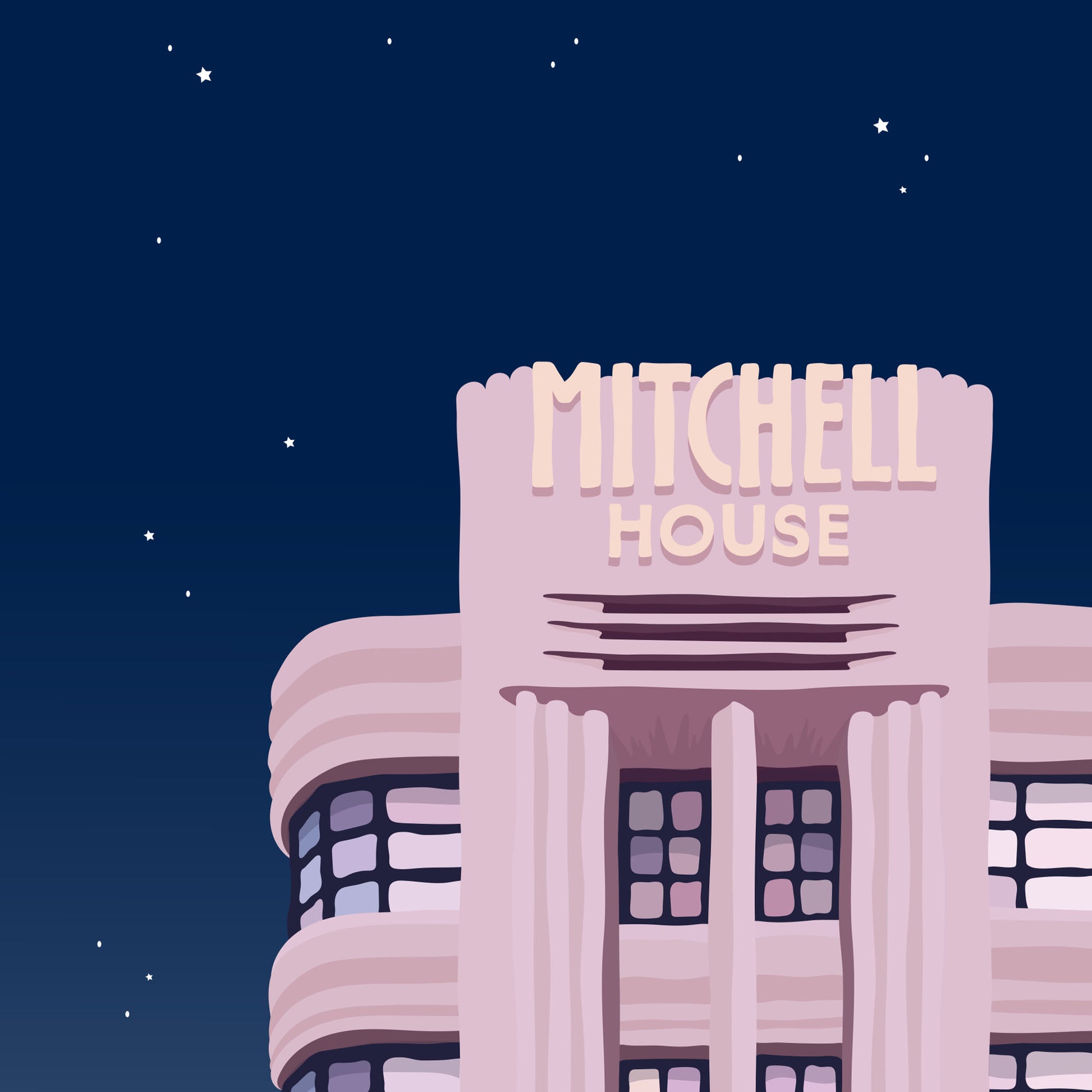 Colourful art print of Mitchell House Melbourne at night starry sky
