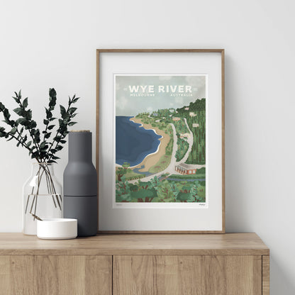 colourful art print of Wye River Victoria featuring lush green trees and ocean scenery