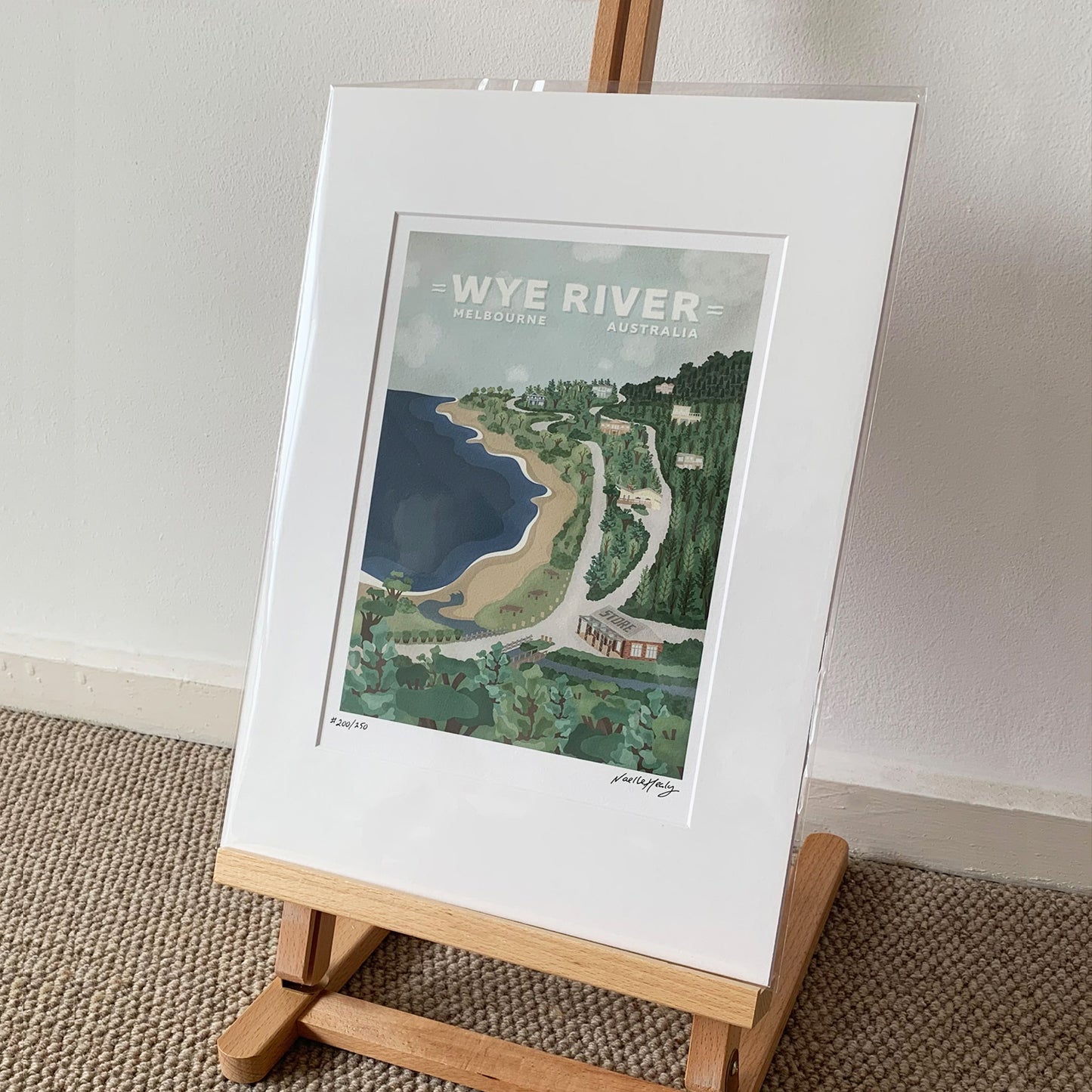 colourful art print of Wye River Victoria featuring lush green trees and ocean scenery